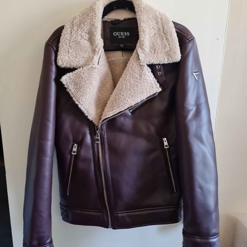 New,Guess Men Red Faux-Leather Faux-Shearling Asymetrical Motorcycle Jacket Sz-S